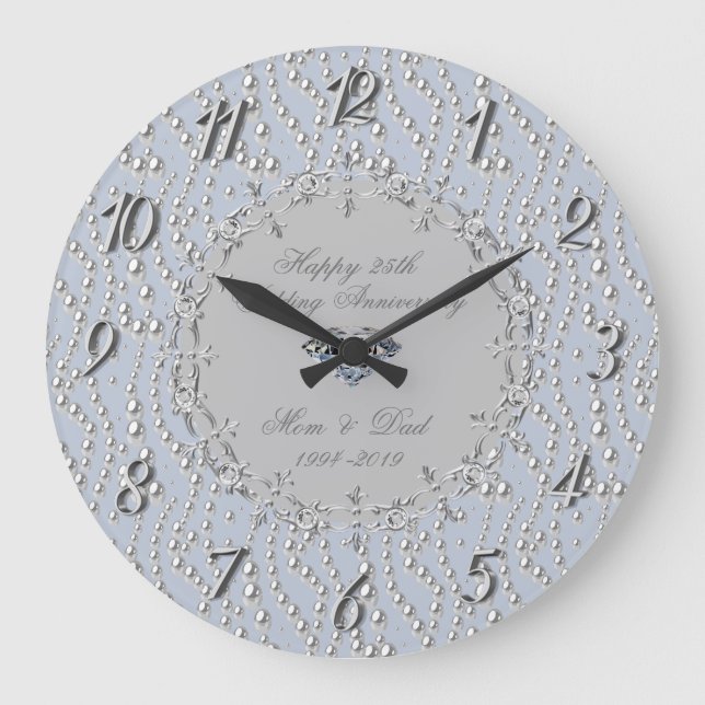 Chic Silver Pearls 25th Wedding Anniversary Large Clock (Front)