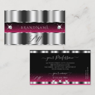 Chic Silver Pink Black Sparkling Diamonds Monogram Business Card