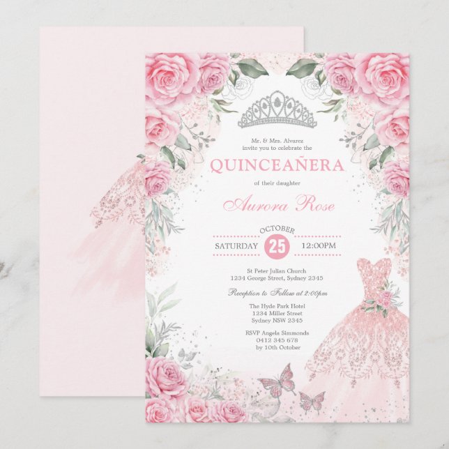 Chic Silver Pink Floral Quinceañera Princess Dress Invitation (Front/Back)