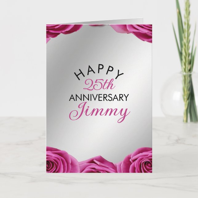 Chic Silver Pink Roses Husband 25th Anniversary Card (Front)