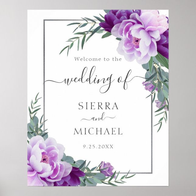 Chic Silver & Purple Floral Eucalyptus Wedding Poster (Front)