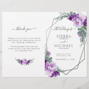 Chic Silver Purple Floral Folded Wedding Program