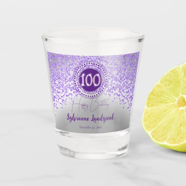 Chic Silver & Purple Glitter 100th Birthday Gift Shot Glass (Front)