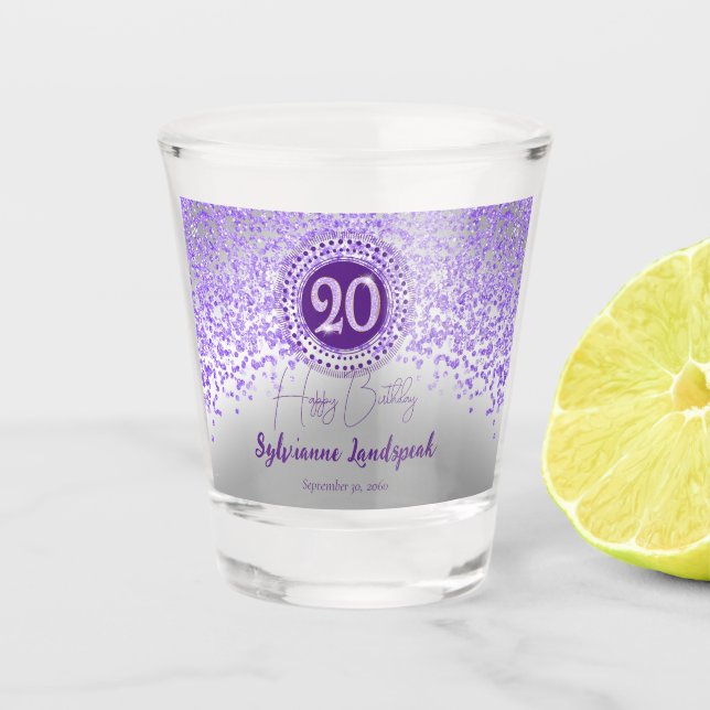 Chic Silver & Purple Glitter 20th Birthday Gift Shot Glass (Front)