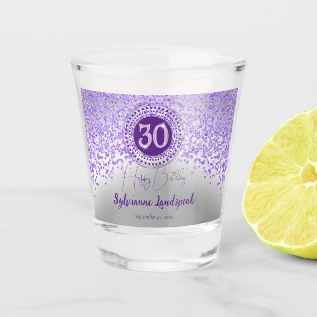 Chic Silver & Purple Glitter 30th Birthday Gift Shot Glass (Front)