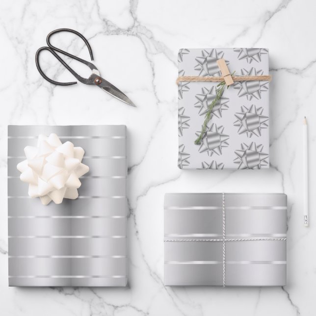 Chic Silver Ribbon Bow Bridal Shower Wrapping Paper Sheet (Front)