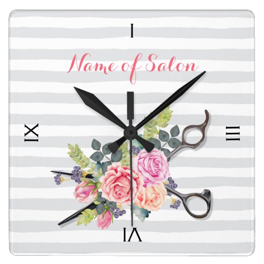 Chic Silver Scissors Hair Salon Stripes And Roses Square Wall