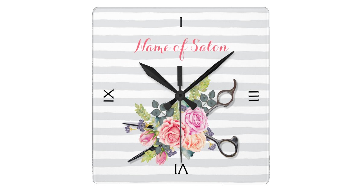 Chic Silver Scissors Hair Salon Stripes And Roses Square Wall