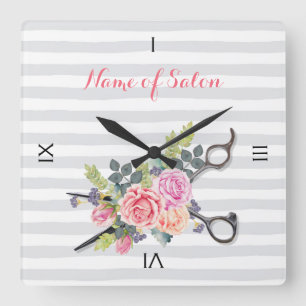 Chic Silver Scissors Hair Salon Stripes and Roses Square Wall Clock