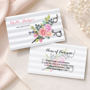 Chic Silver Scissors Hairstylist Roses Business Card