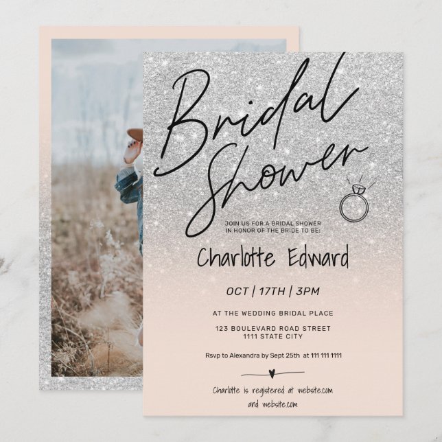 Chic silver script photo bridal shower ring pink invitation (Front/Back)
