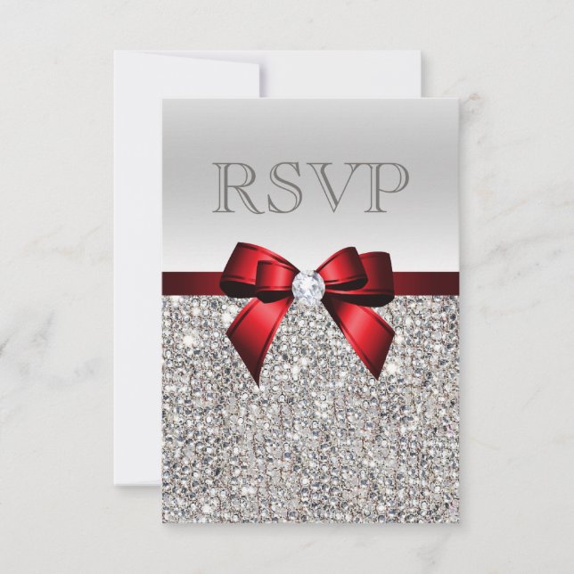 Chic Silver Sequins Diamond Red Bow Wedding RSVP (Front)