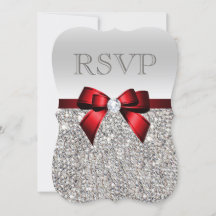 Chic Silver Sequins Diamond Red Bow Wedding RSVP