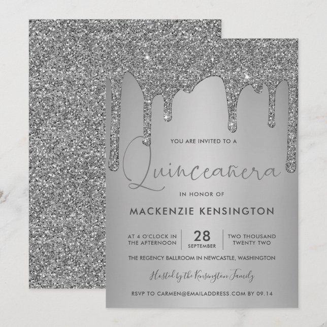 Chic Silver Sparkle Glitter Drips Quinceañera Invitation (Front/Back)