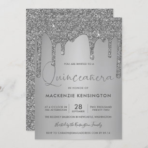 Chic Silver Sparkle Glitter Drips Quinceañera Invitation