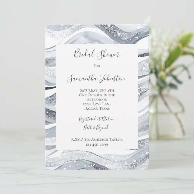 Chic Silver Sparkle Waves Bridal Shower Invitation (Standing Front)