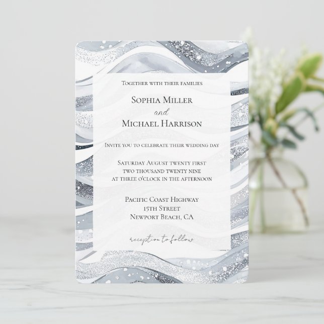 Chic Silver Sparkle Waves Wedding Invitation (Standing Front)