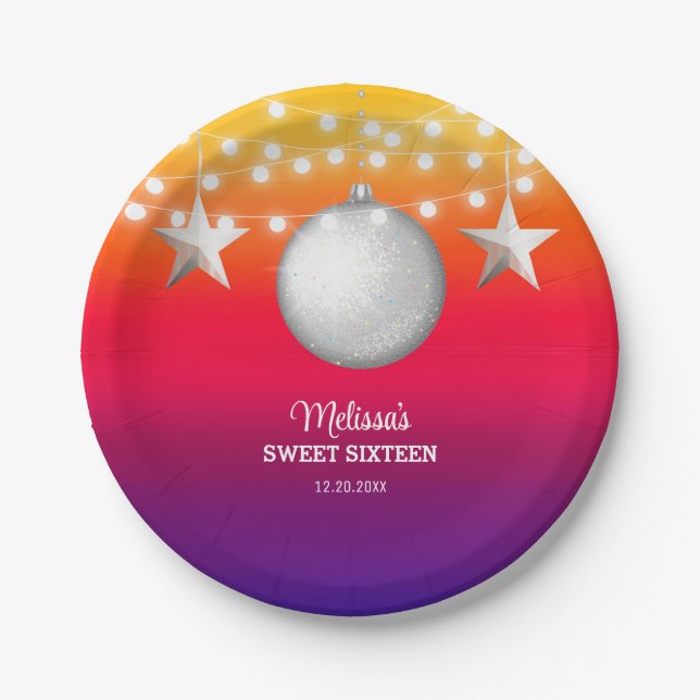 Chic Silver Star String Light Gradient Birthday Paper Plate (Front)