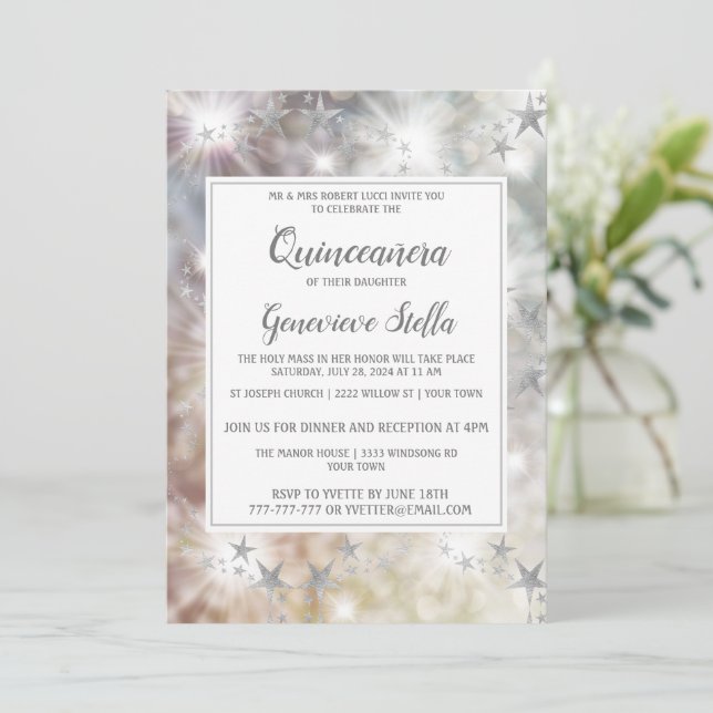 Chic Silver Stars Quinceanera Invitation (Standing Front)