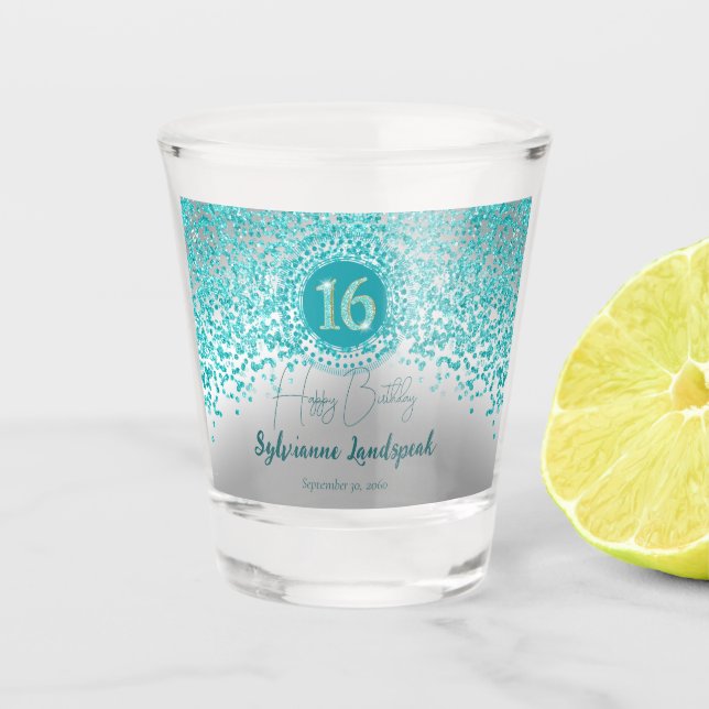 Chic Silver & Teal Blue Glitter 16th Birthday Gift Shot Glass (Front)