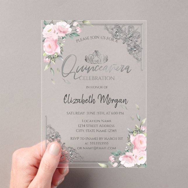 Chic Silver Tiara,Diamond Pink Flowers Quinceañera Acrylic Invitations (Insitu (Handheld))