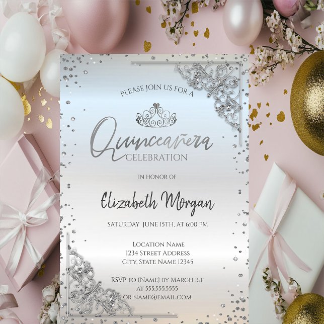 Chic Silver Tiara,Diamonds Quinceañera  Invitation (Creator Uploaded)