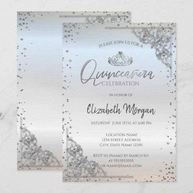 Chic Silver Tiara,Diamonds Quinceañera  Invitation (Front/Back)