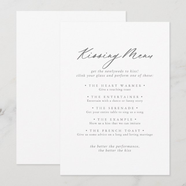 Chic Silver Wedding Kissing Menu Game Card (Front/Back)