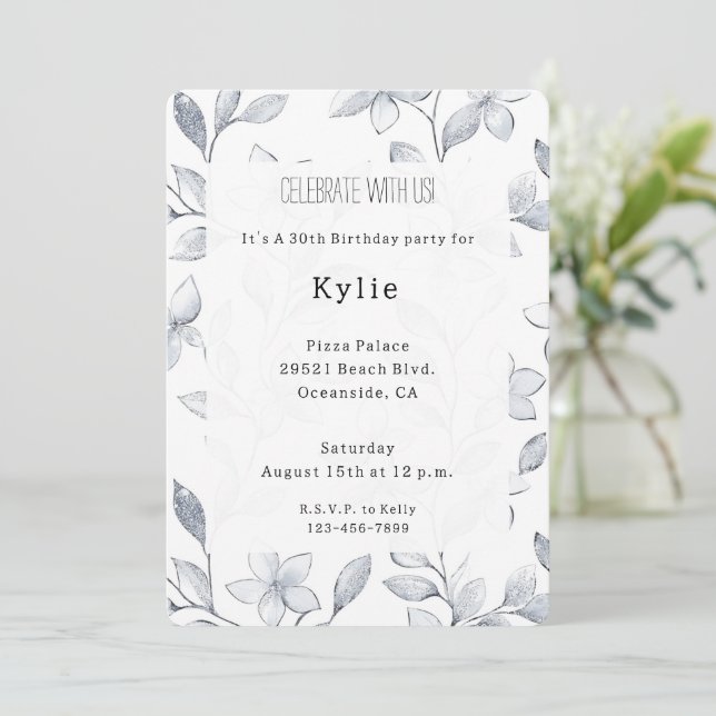 Chic Silver White Floral Birthday   Invitation (Standing Front)