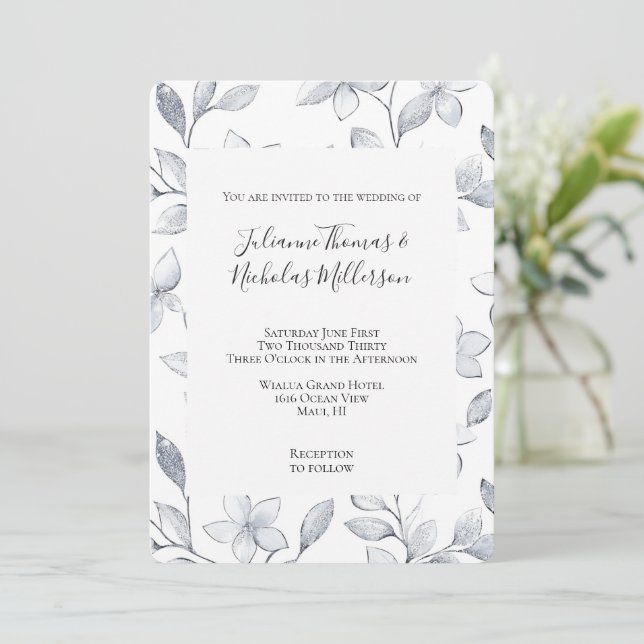 Chic Silver White Floral Wedding Invitation (Standing Front)