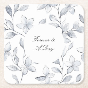 Chic Silver White Floral Wedding Square Paper Coaster