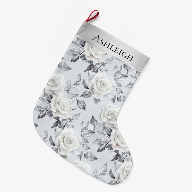Chic Silver White Roses Floral Christmas   Large Christmas Stocking (Front (Hanging))