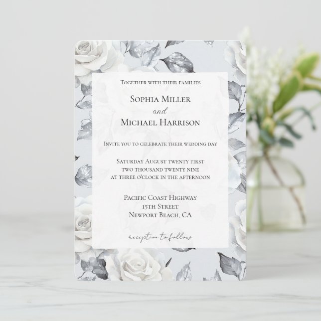 Chic Silver White Roses Floral Wedding Invitation (Standing Front)