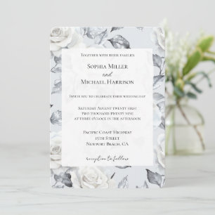 Chic Silver White Roses Floral Wedding Invitation