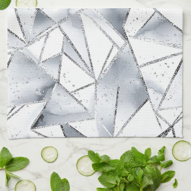 Chic Silver White Triangles Christmas Tea Towel (Folded)