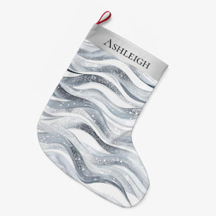 Chic Silver White Wavy Stripes Christmas Large Christmas Stocking