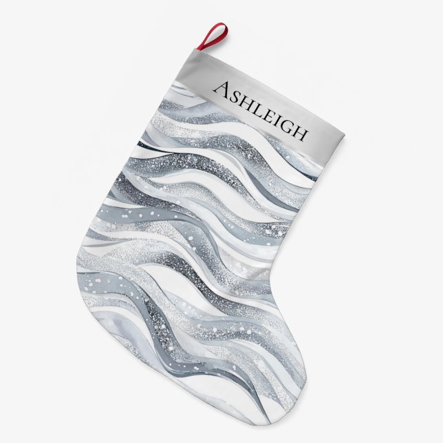Chic Silver White Wavy Stripes Christmas   Large Christmas Stocking (Front (Hanging))