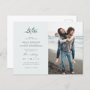 Chic Simple Blue & Green Branch Wedding Photo Invitation Postcard