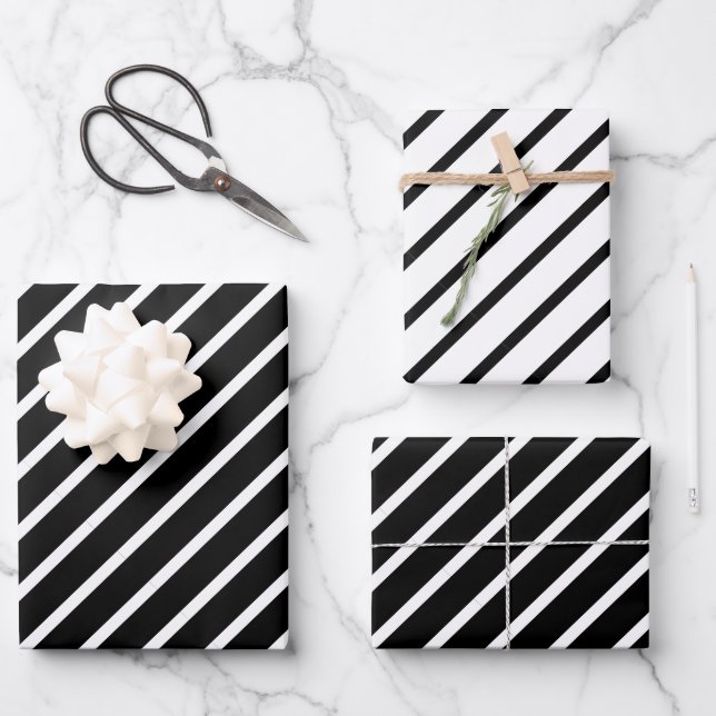 Chic Simple Elegant Black & White Diagonal Stripes Wrapping Paper Sheet (Front)