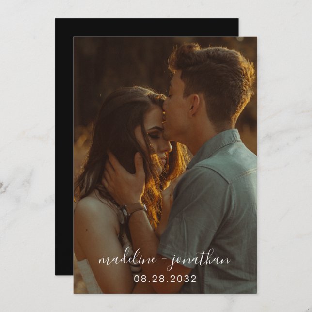 Chic Simple Elegant Script Black Photo Wedding Invitation (Front/Back)