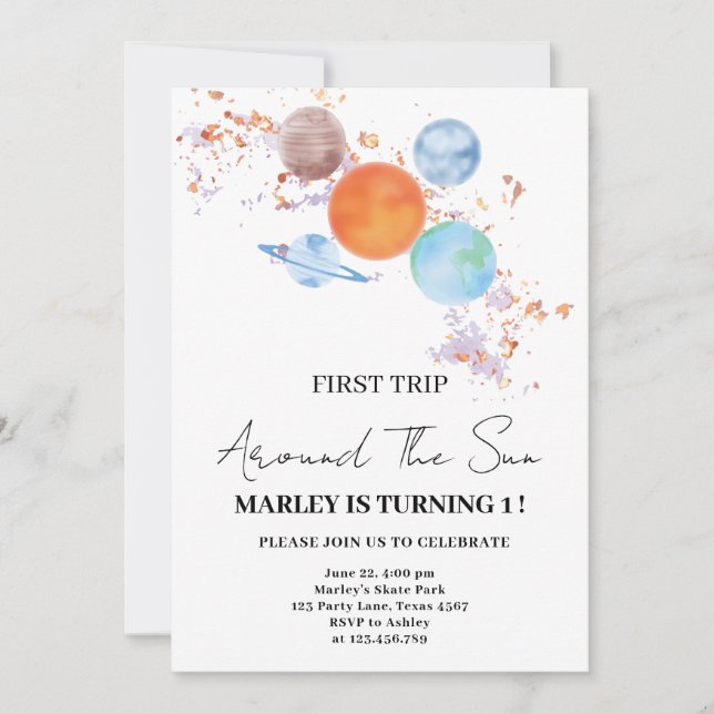 chic simple First Trip Around The Sun 1st Birthday Invitation (Front)