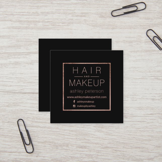 Chic simple hair makeup typography rose gold black square business card (Front/Back In Situ)