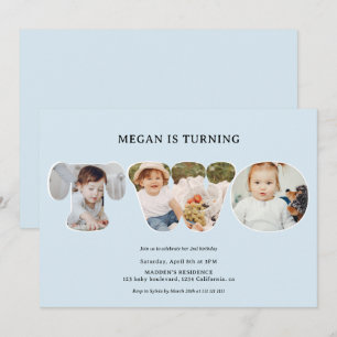 Chic Simple light blue 3 photos 2nd birthday Invitation