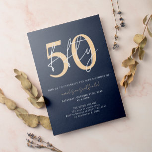 Chic Simple Minimalist Blue Gold 50th Birthday Invitation