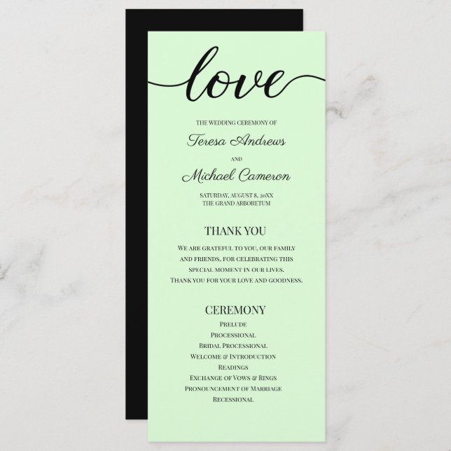 Chic Simple Mint green Wedding Love Script Programme (Front/Back)