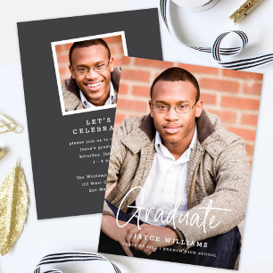Chic Simple Modern Script Two Photo Graduation Announcement
