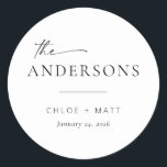 Chic   Simple Modern Script Wedding Favour Sticker<br><div class="desc">These simple, modern round stickers are the perfect touch for your wedding favours or gift bags! Featuring a handwritten script font paired with simple serif and sans serif fonts. Customise the stickers with your new last name, the couple's names, and the date or your own sub-text. If you love this...</div>