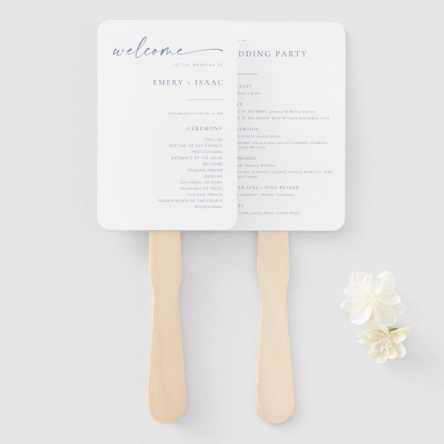 Chic + Simple Modern Wedding Program Fans | Blue (Front and Back)