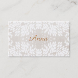 Chic Simple Name White Leaves FAUX Beige Linen Business Card