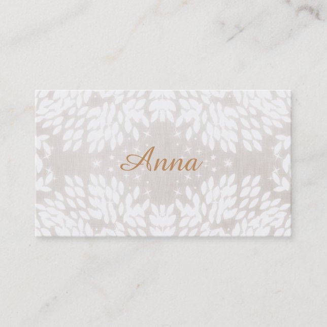 Chic Simple Name White Leaves FAUX Beige Linen Business Card (Front)
